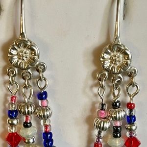 New Dangle Earrings , Lapis ,Sterling and Crystals Floral Design Earwires